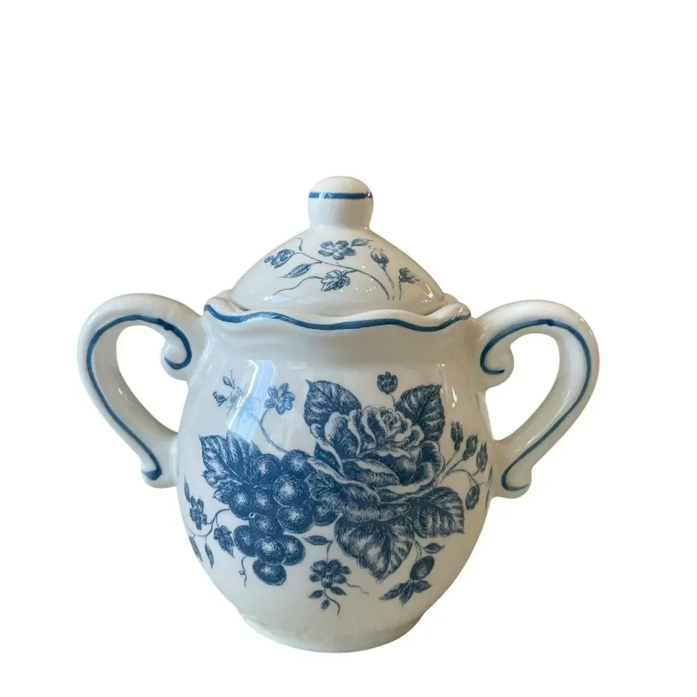 Maxcera Blue Bunny Rabbit Toile Creamer & Sugar Bowl With Lid Easter Ceramic New